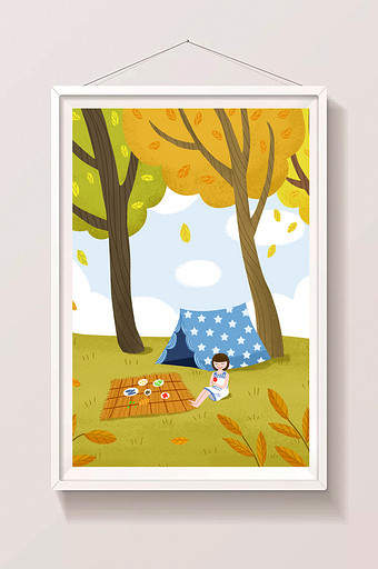 金色森林女孩野外帐篷露营野餐立秋插画图片