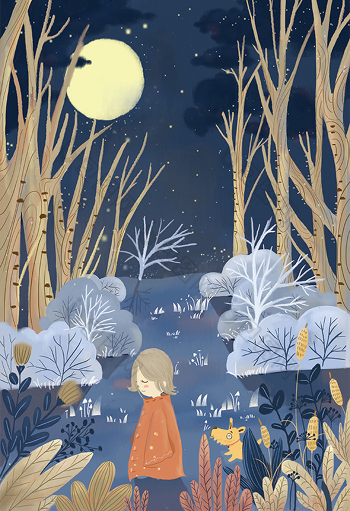 森林红衣少女月光下散步插画