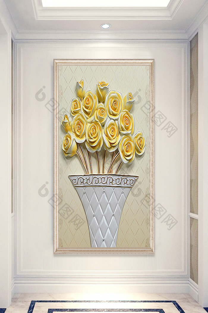 中式浮雕彩雕花瓶黄色玫瑰玄关装饰画