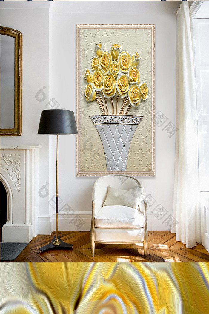 中式浮雕彩雕花瓶黄色玫瑰玄关装饰画