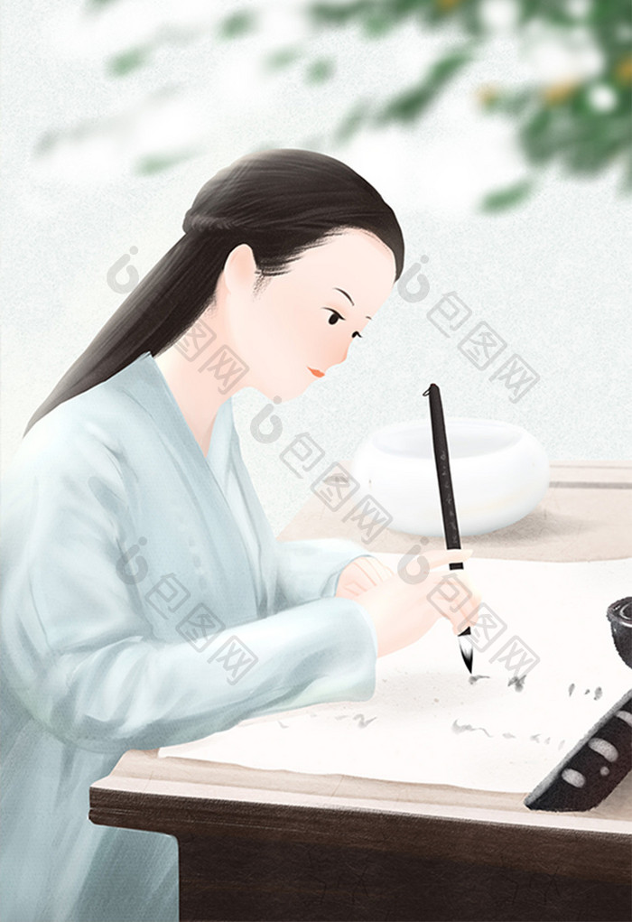 中国风女子写毛笔字传统插画