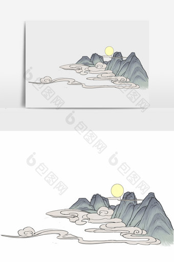 淡彩国画风格的中秋云纹山元素图片