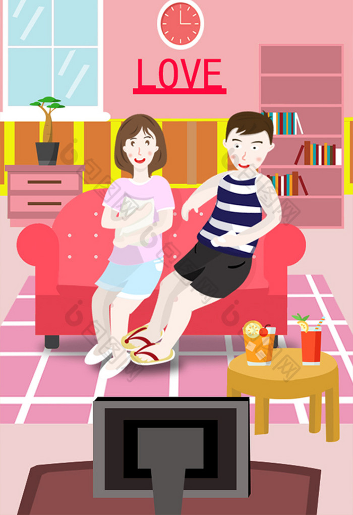 情侣沙发看电视七夕情人节插画图片