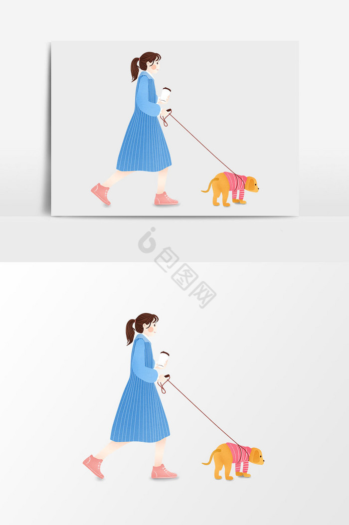 侧面女生遛狗插画图片