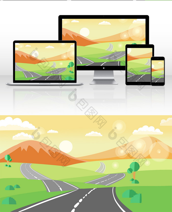 手绘原野公路山峰场景插画