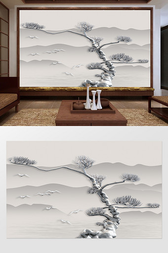 新中式水墨风立体浮雕松树背景墙图片