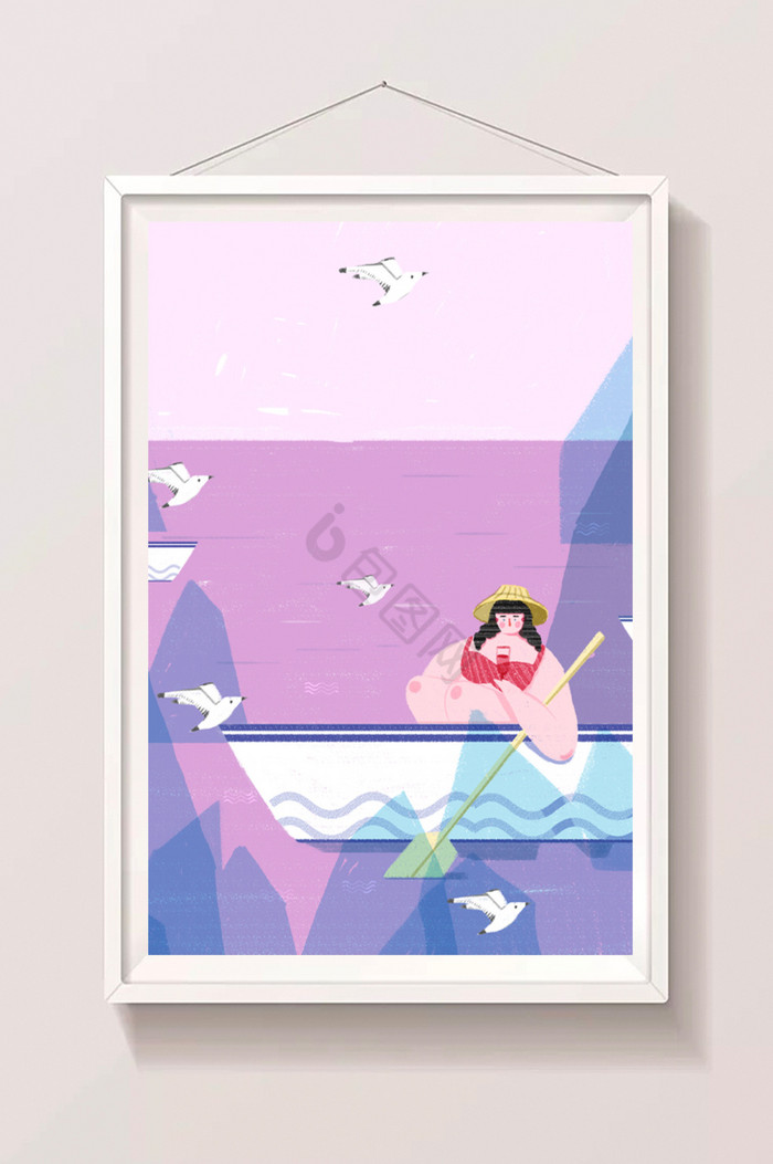 浪漫女孩海边度假划船插画图片