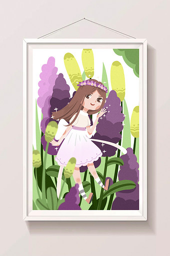 紫色小清新可爱薰衣草鲜花女孩人物插画图片