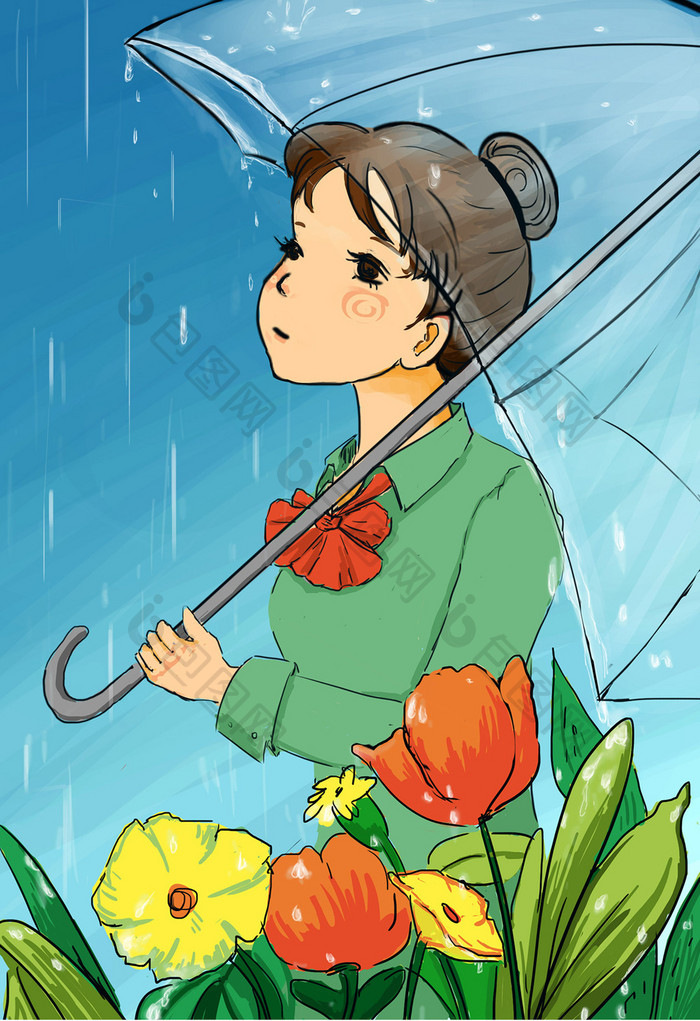 清新唯美多雨季节撑伞女孩插画