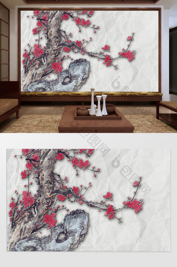 新中式创意梅花枝叶背景墙