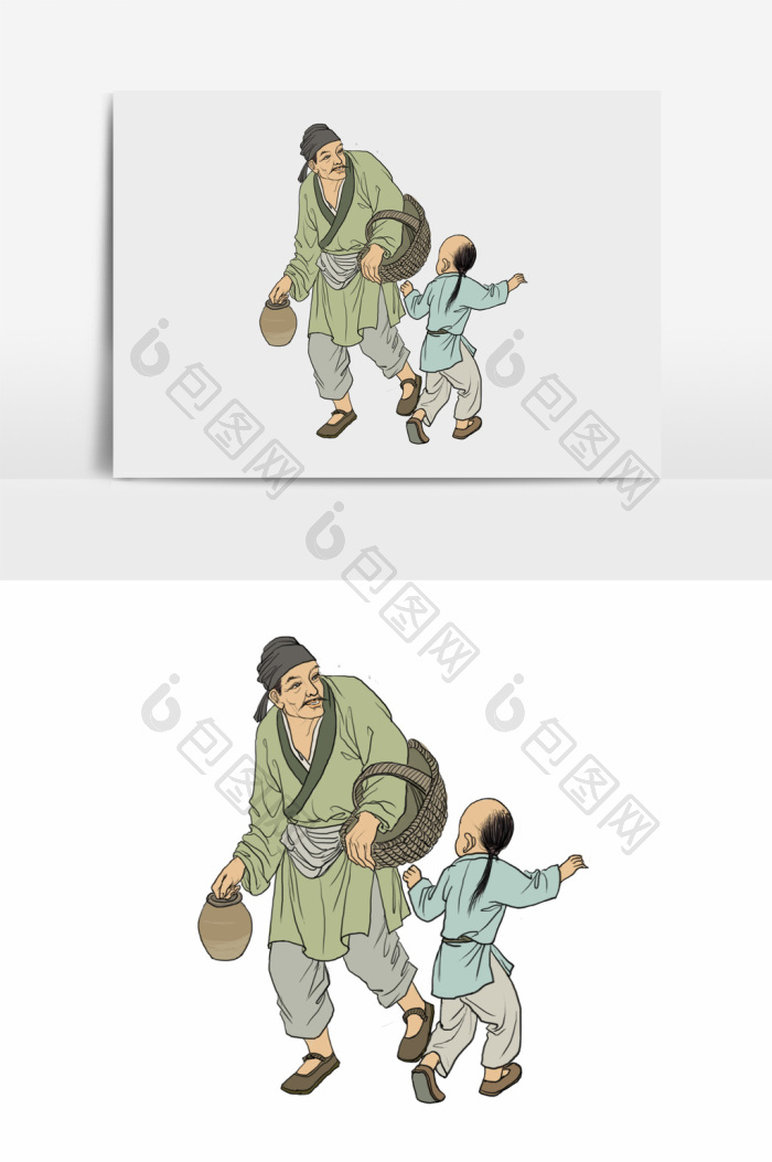 淡彩国画的古代农民人物图片