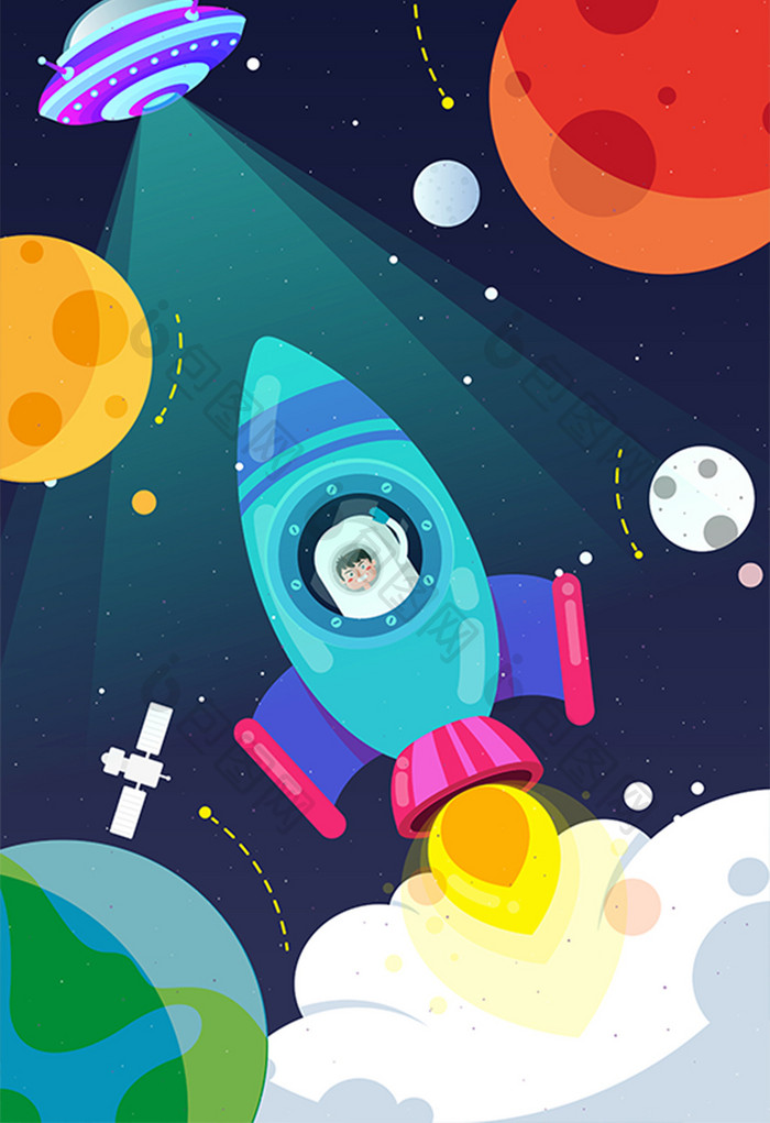 卡通蓝色科技外太空宇航员外星飞碟插画