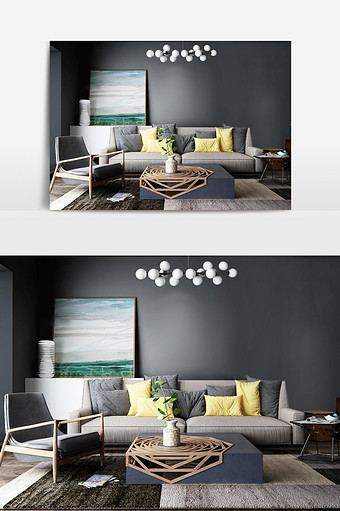 现代简约灰色布艺沙发灰色腻子墙模型图片