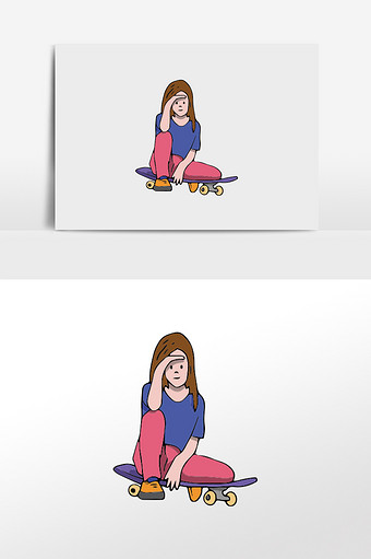 卡通女生滑板户外运动插画元素图片