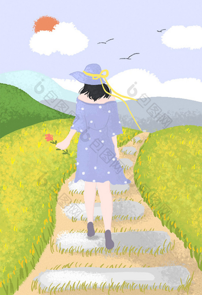 紫色唯美三伏女孩旅游插画