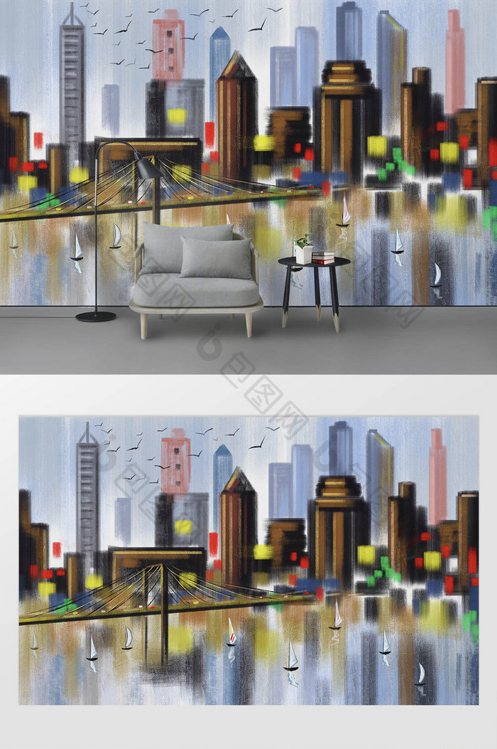 现代手绘抽象油画城市背景装饰画