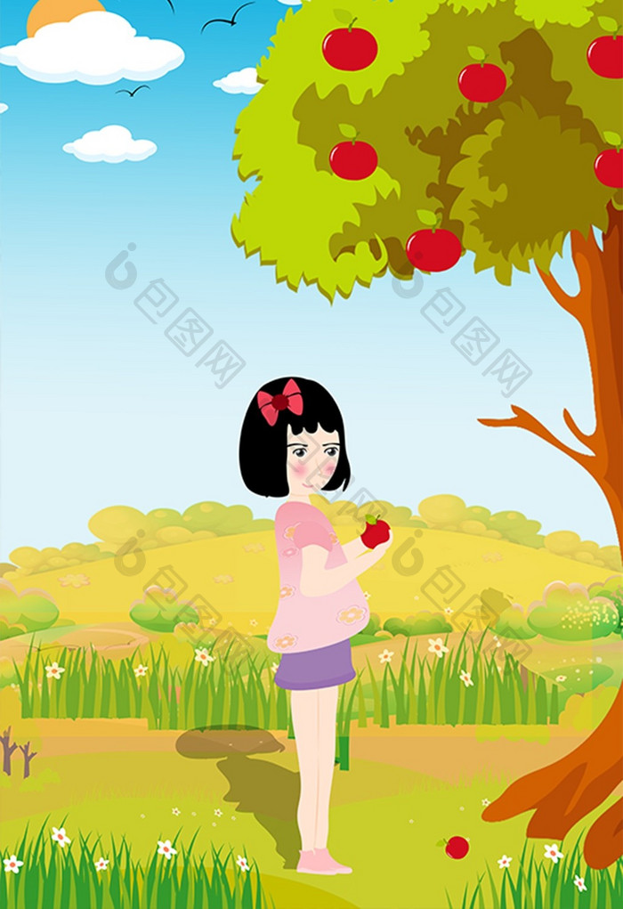 黄色秋季女孩摘苹果插画