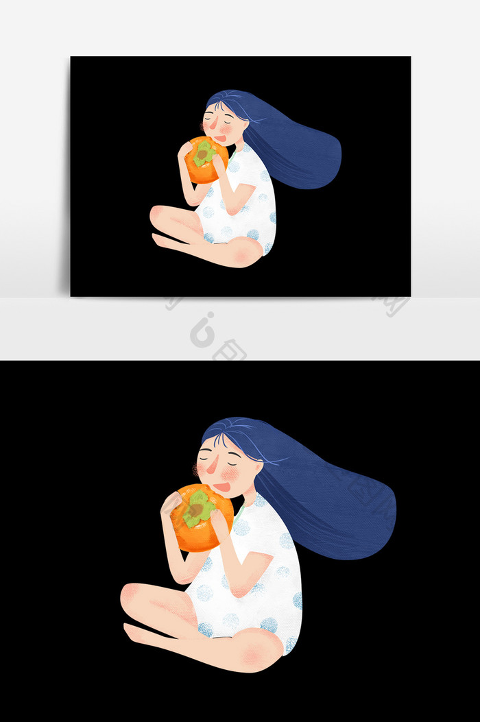 可爱卡通少女吃水果柿子