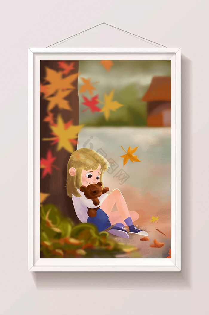 秋天枫树下抱小熊的女孩插画图片