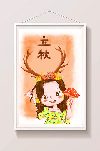 淡雅立秋节气鹿角美女卡通插画图片