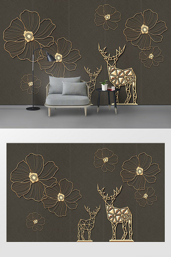 现代简约金色线条花朵梅花电视背景墙图片