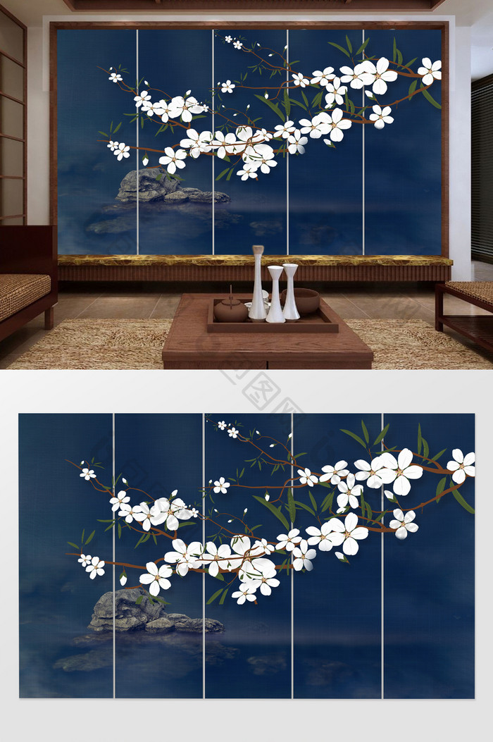 新中式古典夜色花枝背景墙