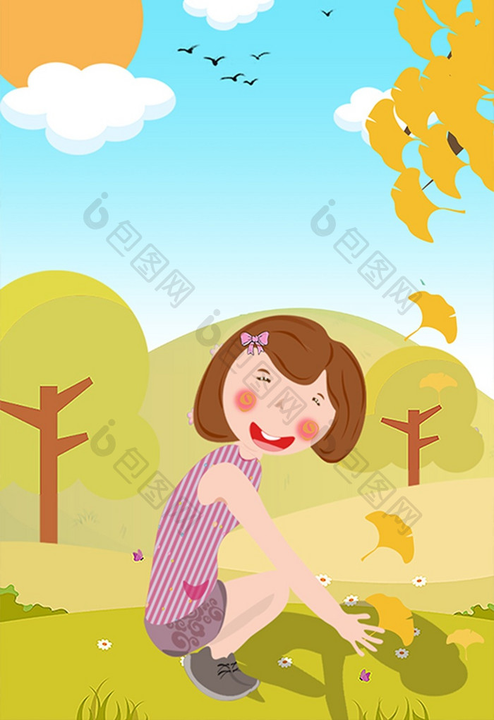 秋季女孩在地上捡银杏叶插画