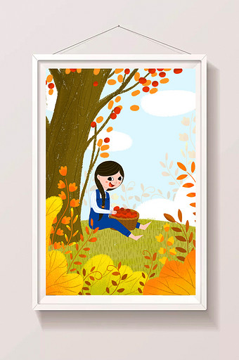 金色森林植物女孩箩筐收树上野果立秋插画图片