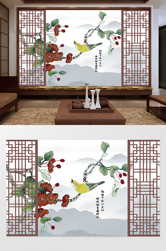 新中式屏风水墨花鸟远山背景墙图片