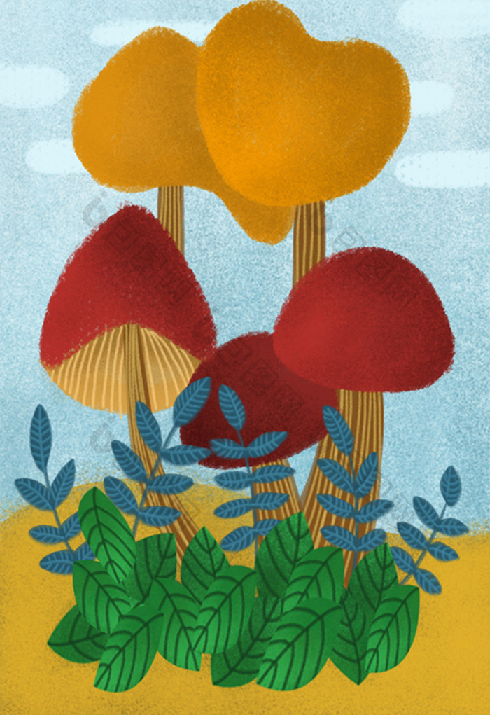 橙红蘑菇写实唯美手绘风格竖版插画背景