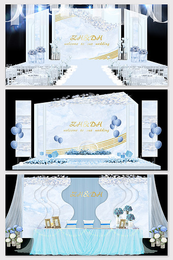 现代简约蓝色大理石纹理森系婚礼效果图图片