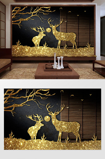 新中式鎏金麋鹿背景墙图片