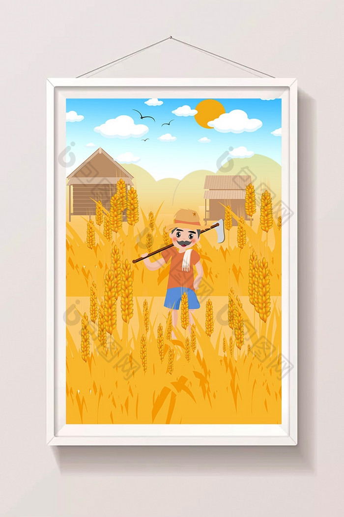 黄色农民秋季收割麦子插画