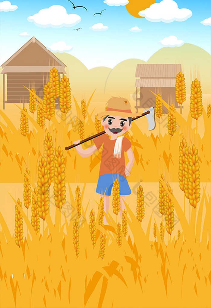黄色农民秋季收割麦子插画