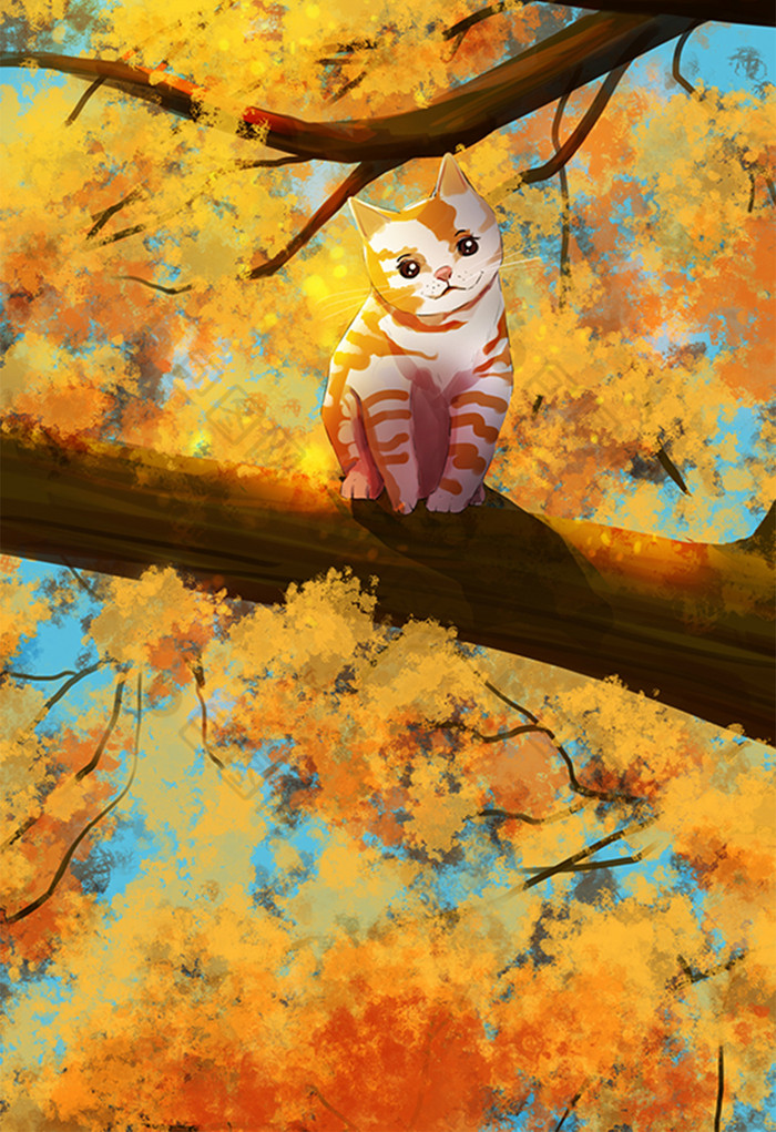 立秋风树上的猫插画图片