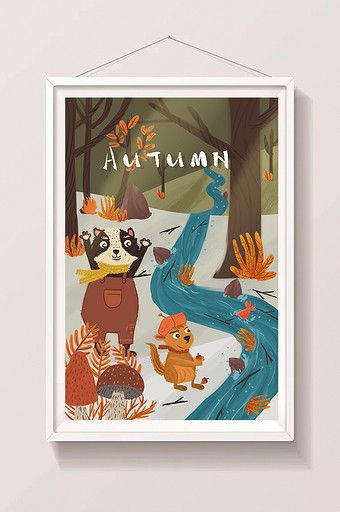 卡通秋天树林可爱小动物秋分立秋节气插画图片