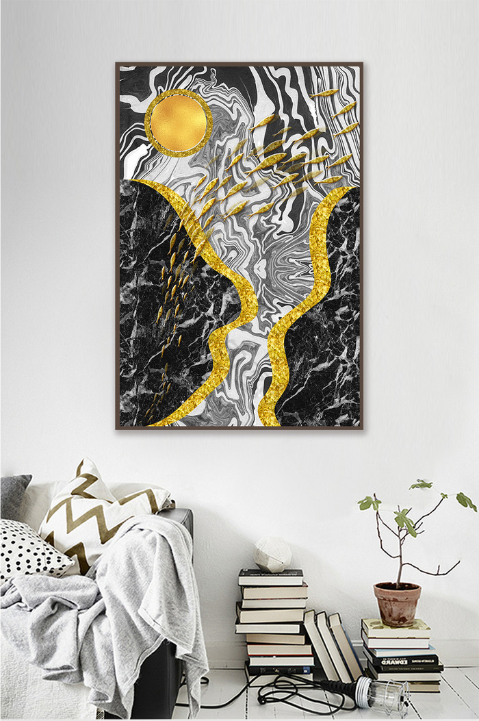金色抽象山水游鱼装饰画图片