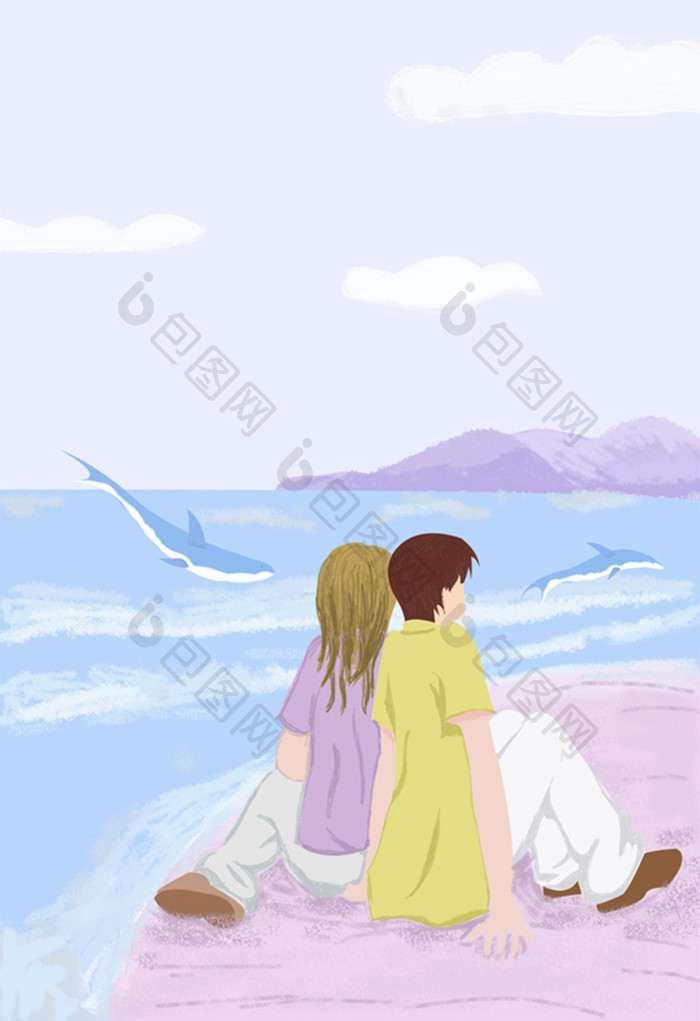 浪漫海边情人节约会插画