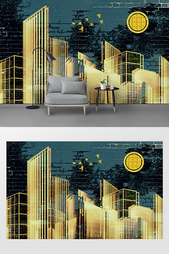 现代简约金色建筑电视背景墙图片