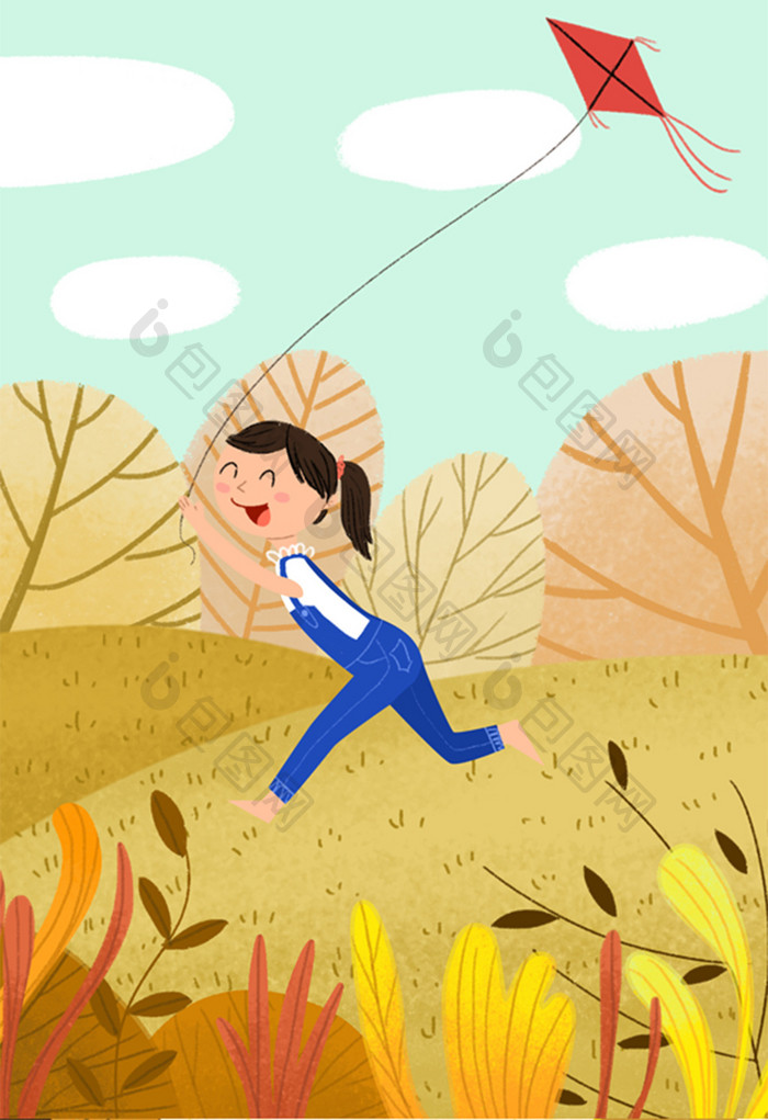 金色秋天野外草地放风筝的小女孩立秋插画