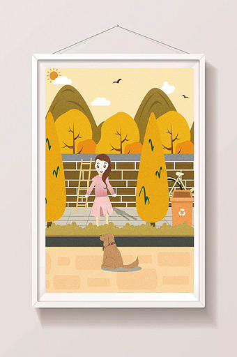 金色立秋女孩路边散步插画图片
