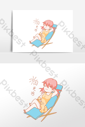 夏季女孩白光浴表情包插画图片热带度假蜜月旅游酒店游泳池太阳浴25d