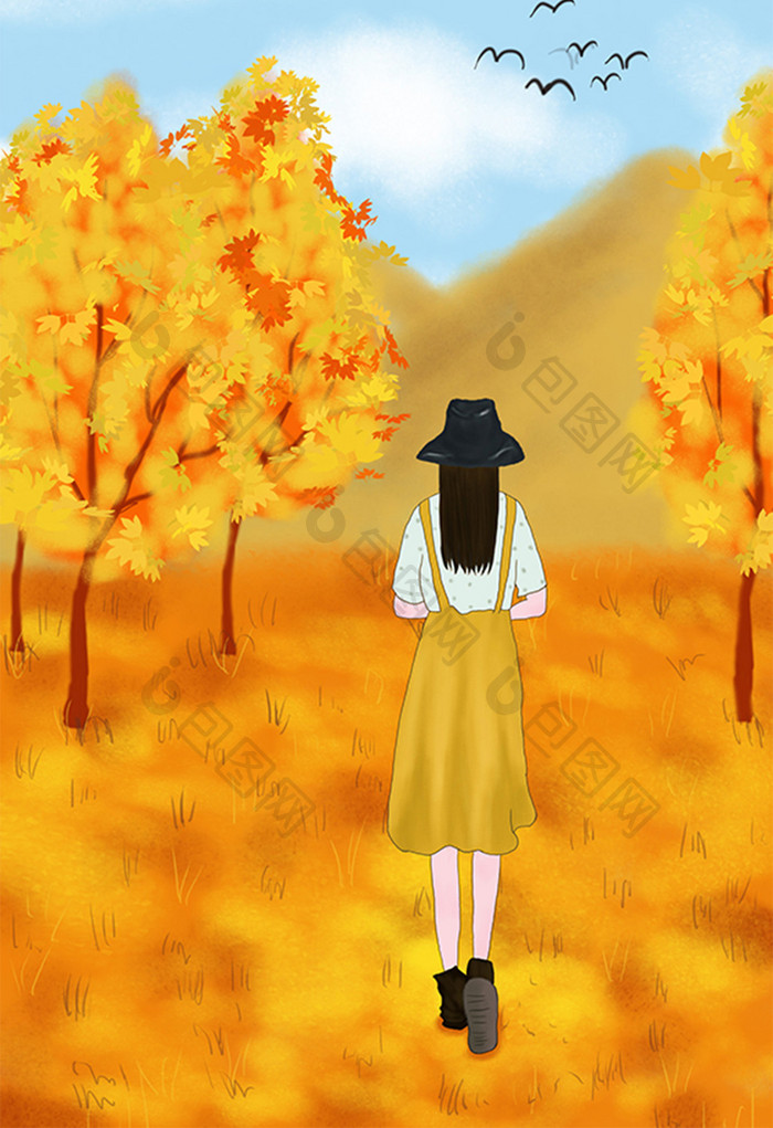 黄色秋天树林简约唯美清新立秋手绘插画海报