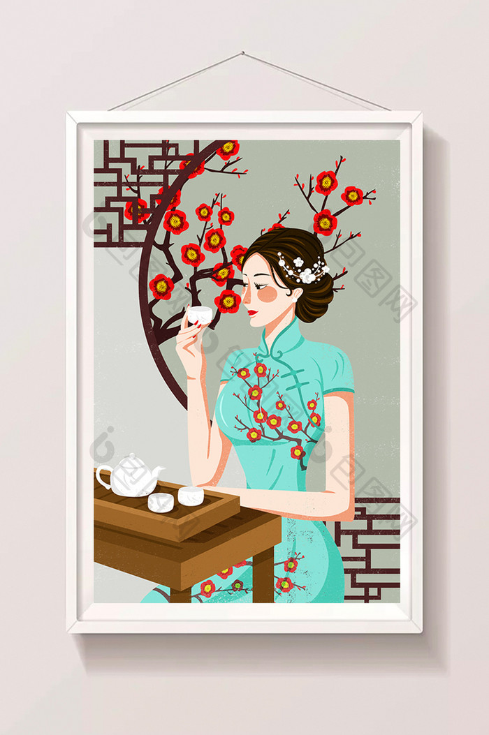 中国风旗袍美人插画品茶茶道插画