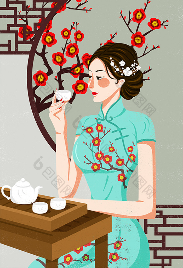 中国风旗袍美人插画品茶茶道插画