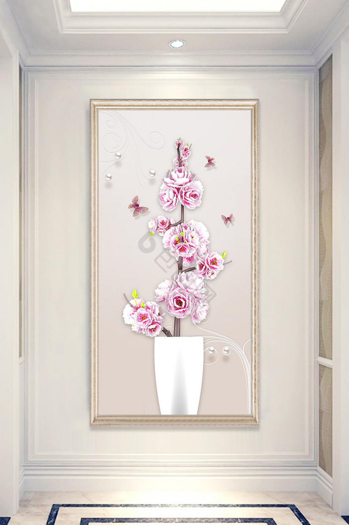 现代简约北欧风立体浮雕花瓶蝴蝶玄关装饰画图片