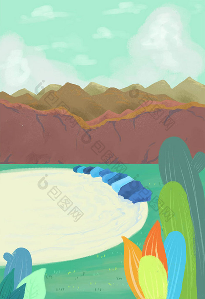 绿色唯美山水风景海报手绘旅游卡通背景插画