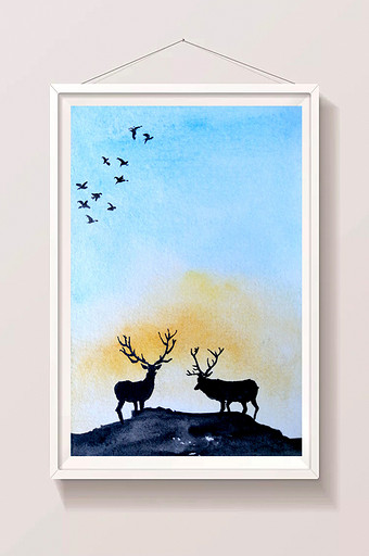 蓝色小鹿夏日手绘背景素材风景清新水彩图片