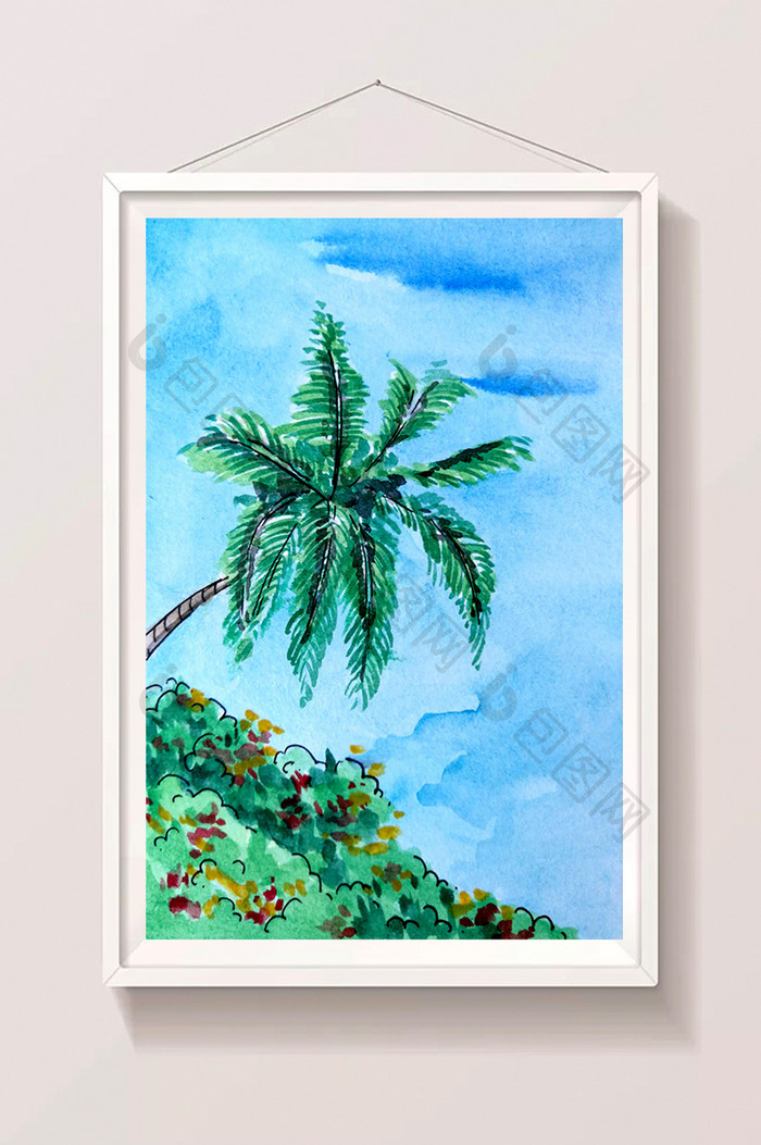 椰子草地夏日手绘背景素材风景清新水彩
