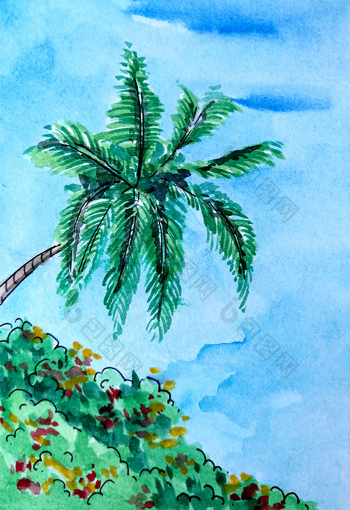 椰子草地夏日手绘背景素材风景清新水彩